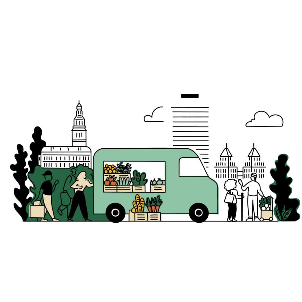 An illustration of community members getting food from a truck carrying produce