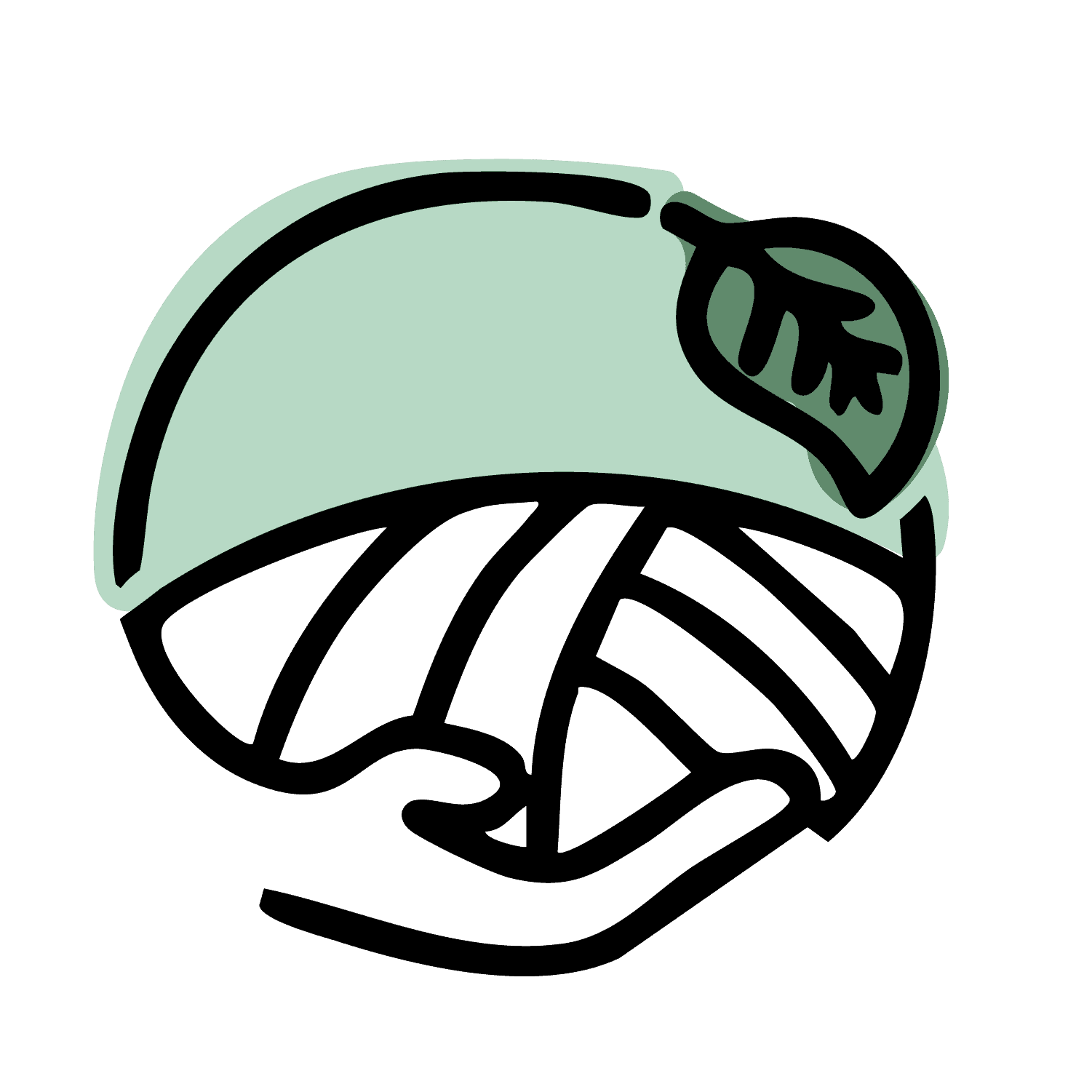 An icon of a hand holding a field, with a green sky and leaf above it, representing community interdependence