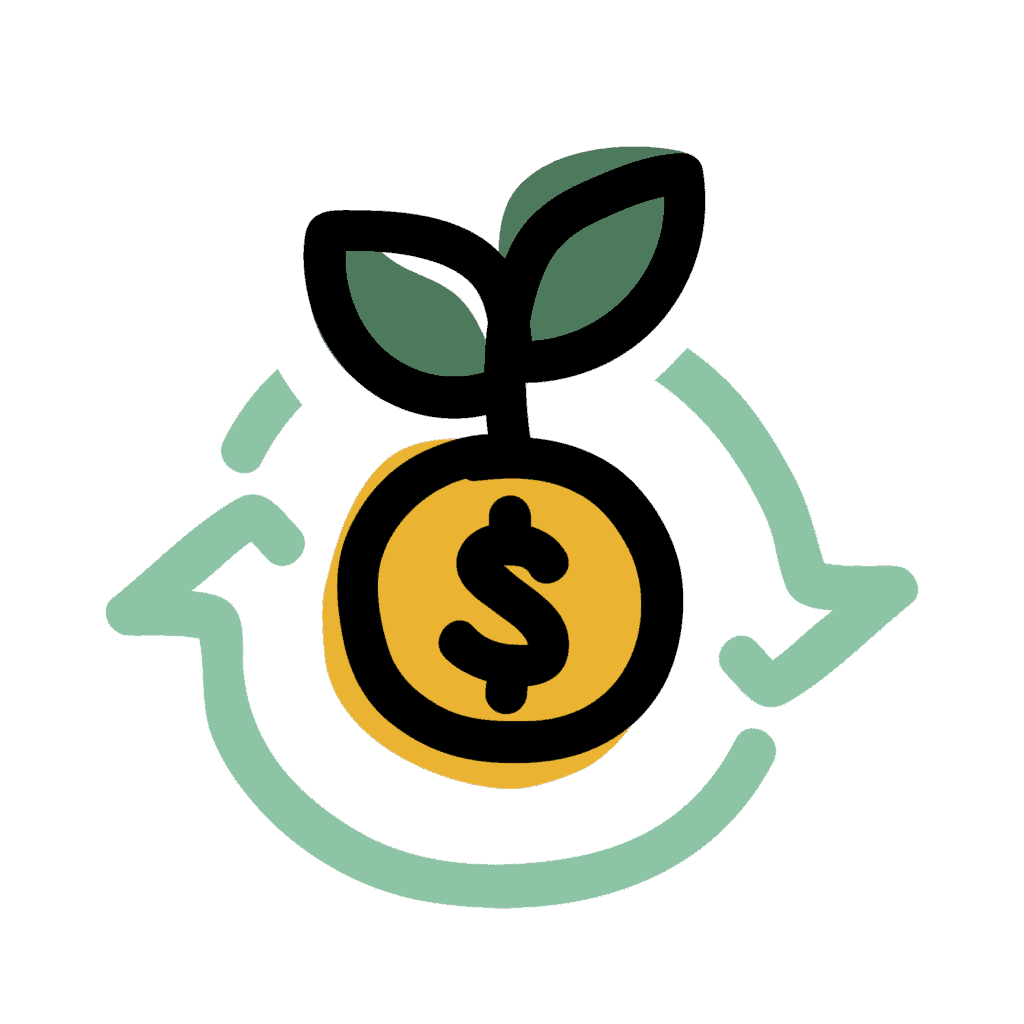 An icon of a dollar sign with a seedling growing from it, and circular arrows around it, representing entrepreneurial ecosystem