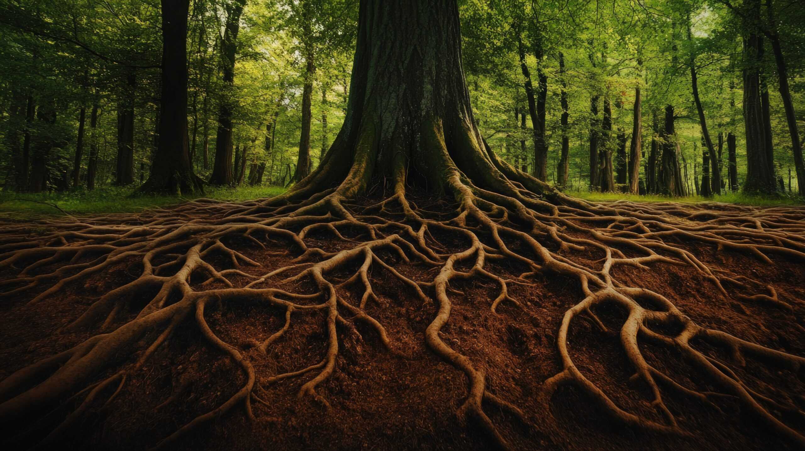 A large tree base in a forest, with extensive roots coming from its base, above ground