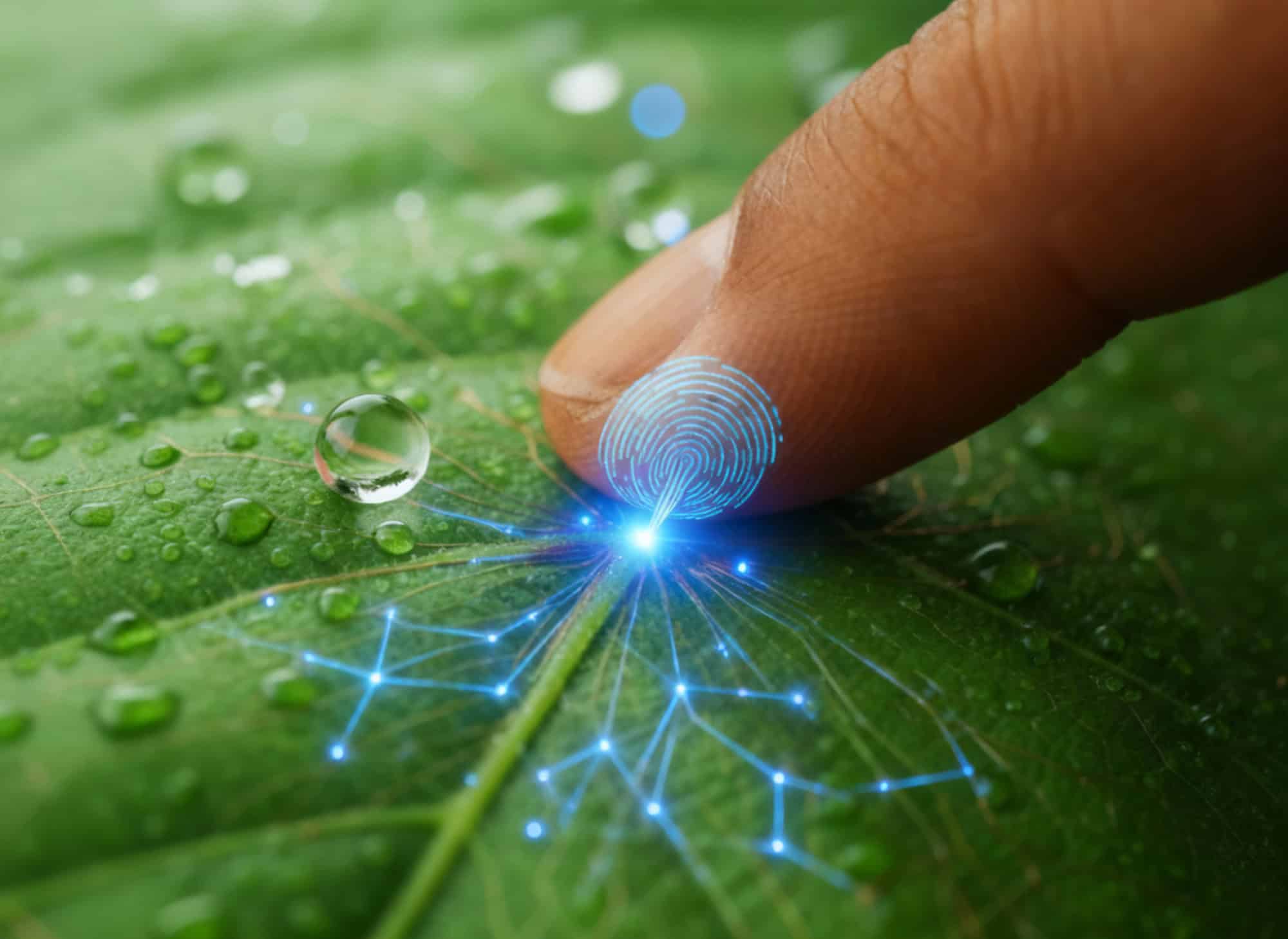 A finger pressing on a leaf rib, with a representation of energy flowing from leaf into person's fingerprint