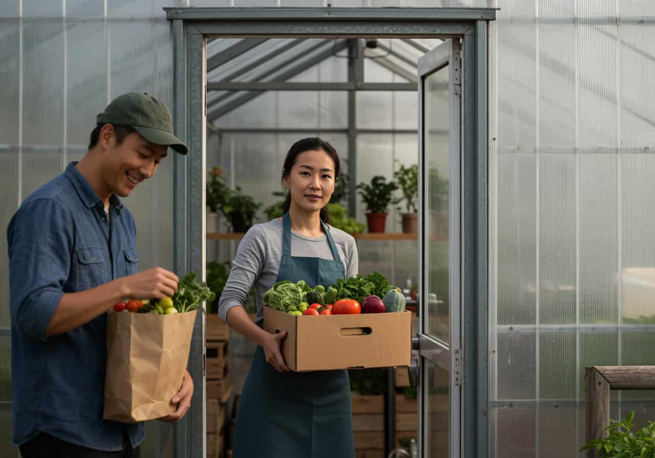 Two young farmers carrying boxes of produce from a greenhouse