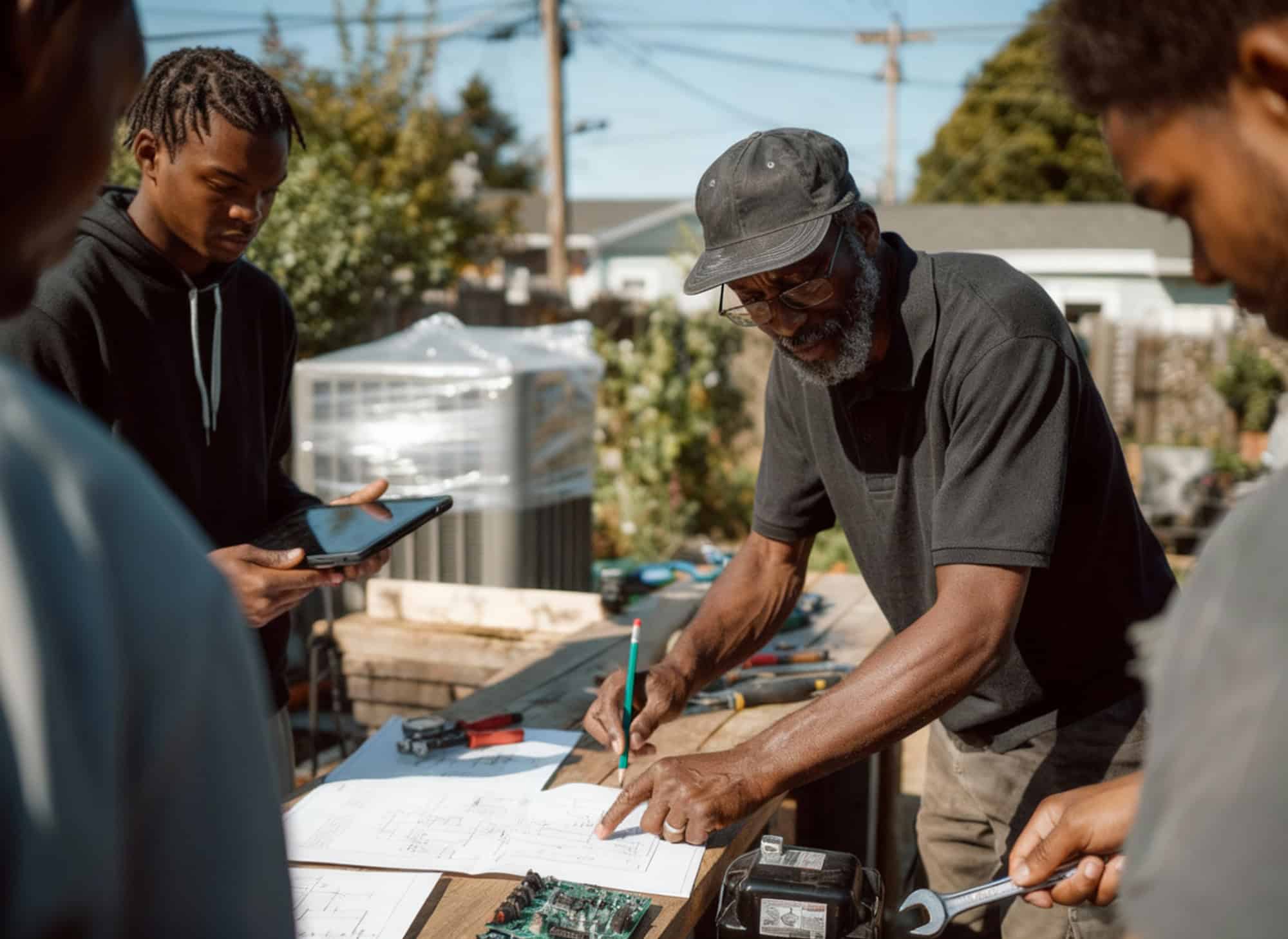 A man with blueprints showing several other men plans for heat pump installation