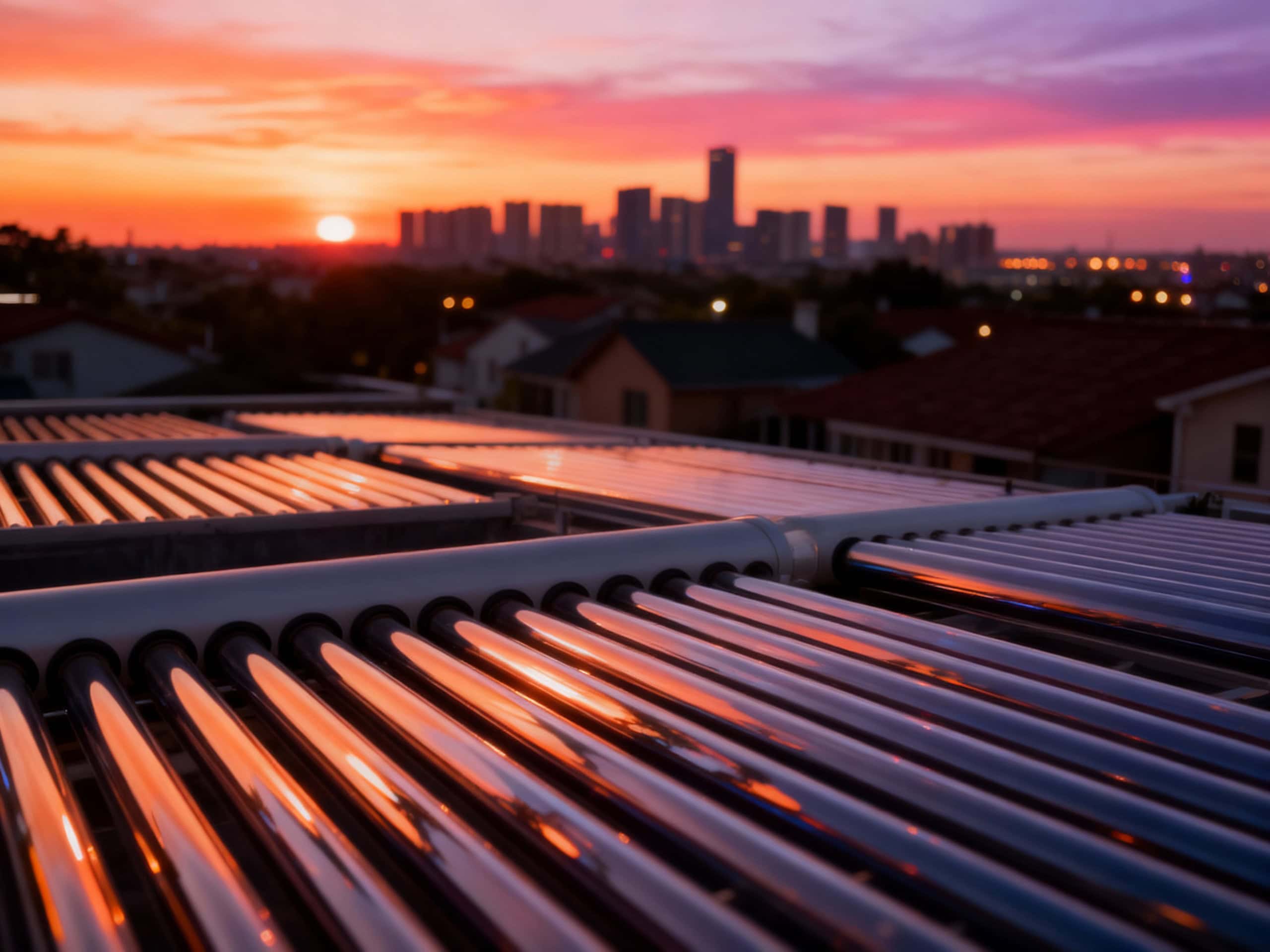 A solar thermal panel set against the backdrop of a city at sunset