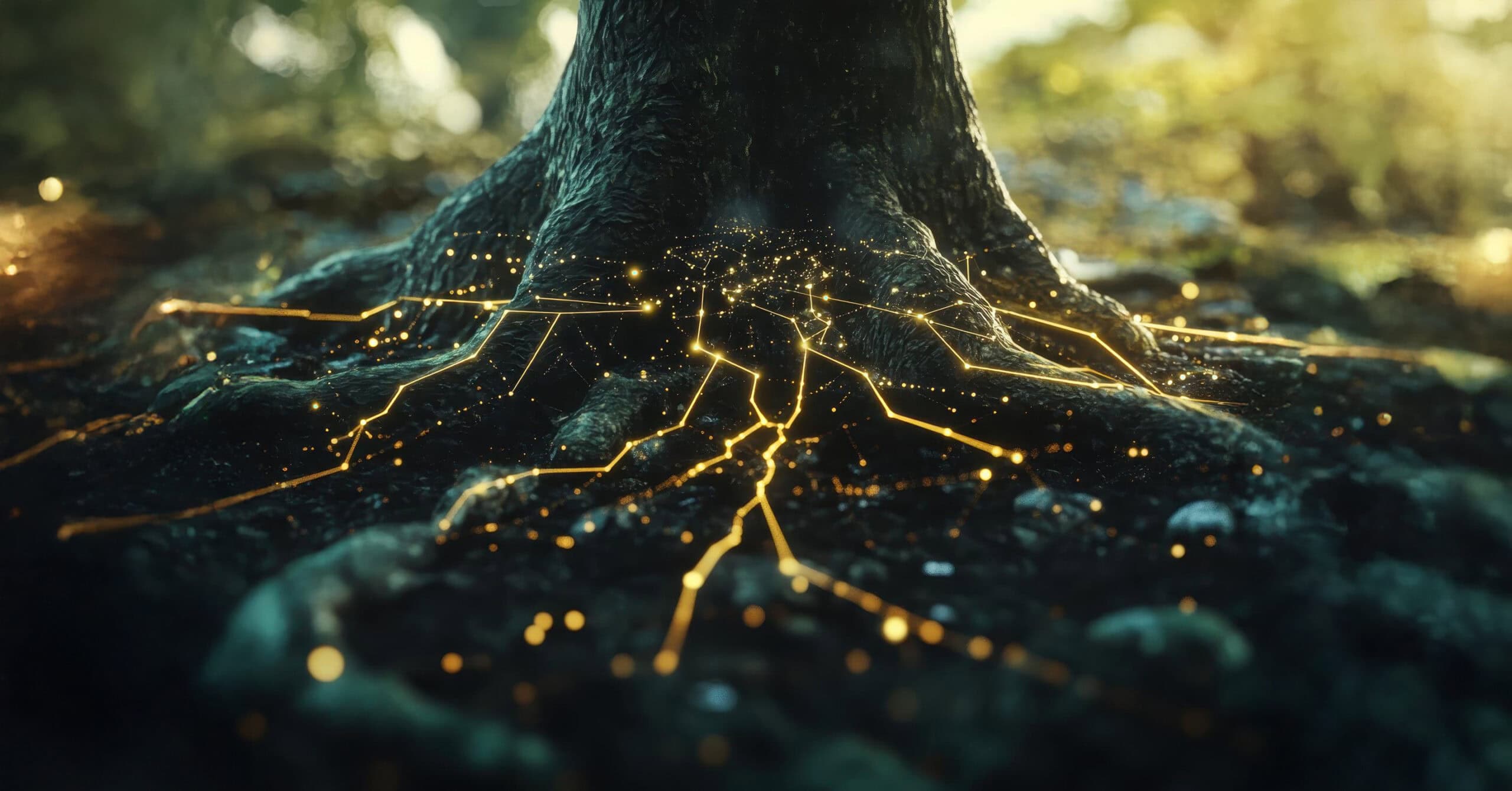 A tree and its roots, above ground, with a network of highlighted energy showing throughout the roots