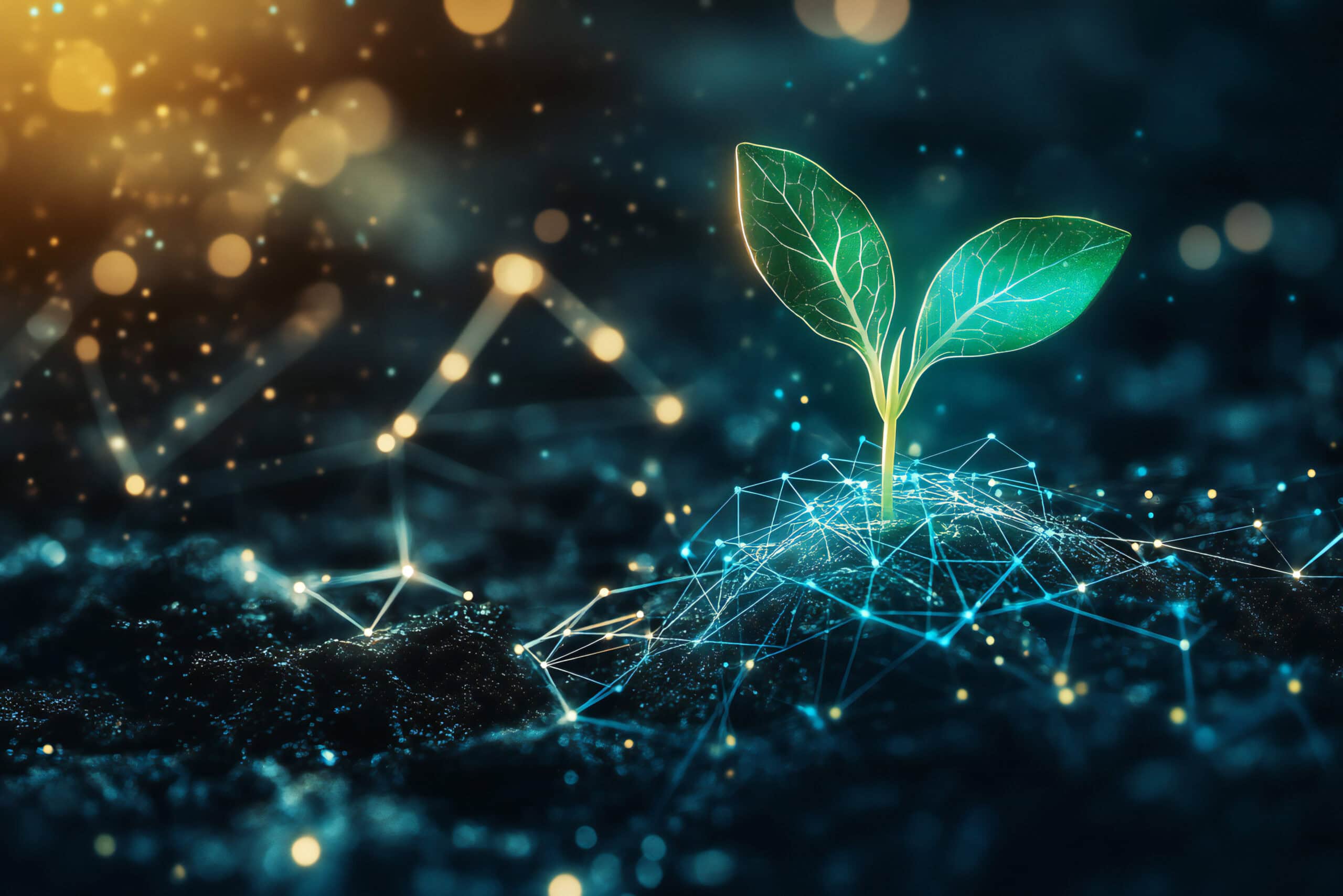 A seedling growing, with a glowing network of energy showing on the ground around it